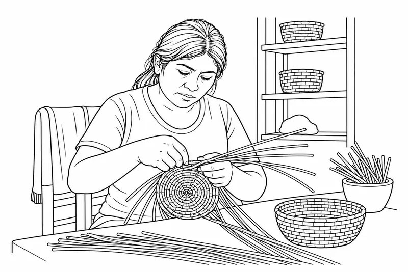 Persona adulta tejiendo una cesta de junquillo en una mesa