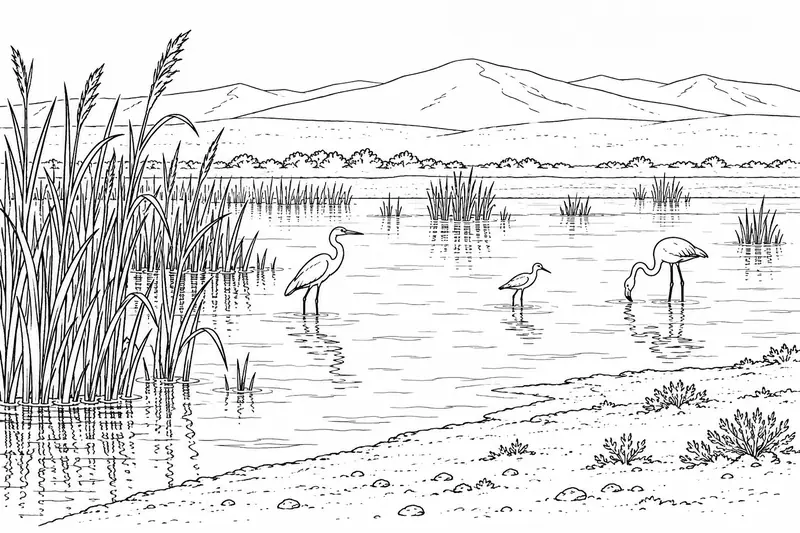 Paisaje educativo de humedal con juncos, aves y orilla seca