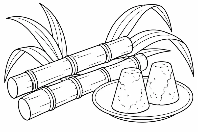 Dos cañas de azúcar y hojas junto a dos piezas de piloncillo sobre un plato