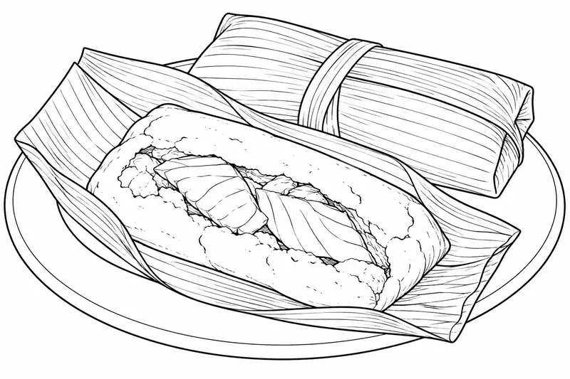 Tamal abierto con pescado y otro cerrado sobre un plato