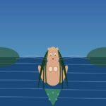 Iara: la sirena del río Amazonas en el folclore brasileño Ilustración de Iara emergiendo del agua con cabello largo verdoso y cola de pez