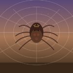 Iktomi: el trickster araña del panteón siouano Ilustración de Iktomi como araña antropomorfa con telaraña geométrica bajo luna creciente