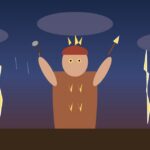 Illapa: el dios inca del rayo, el trueno y la lluvia Ilustración de Illapa como guerrero celestial con honda y rayo sobre nubes oscuras