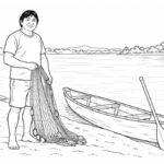 Dibujos karajá para colorear: Araguaia, arcilla, figuras y orilla Persona con ropa cotidiana en una ribera junto a una canoa y un remo