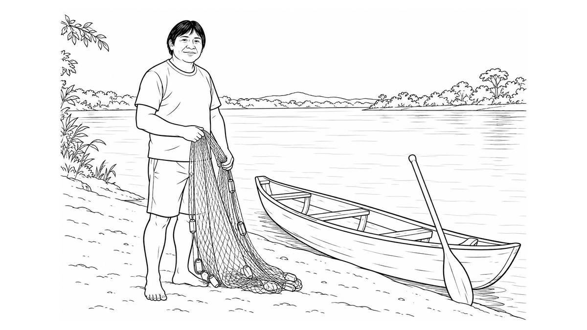 Persona con ropa cotidiana en una ribera junto a una canoa y un remo
