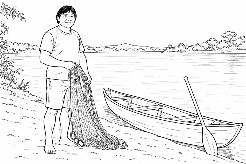 Persona con ropa cotidiana en una ribera junto a una canoa y un remo