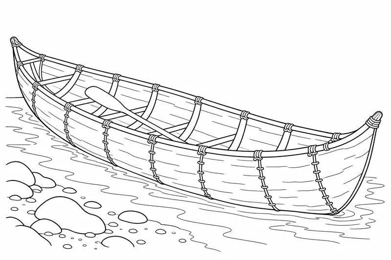 Canoa histórica de corteza con remo y estructura interior junto a una orilla patagónica