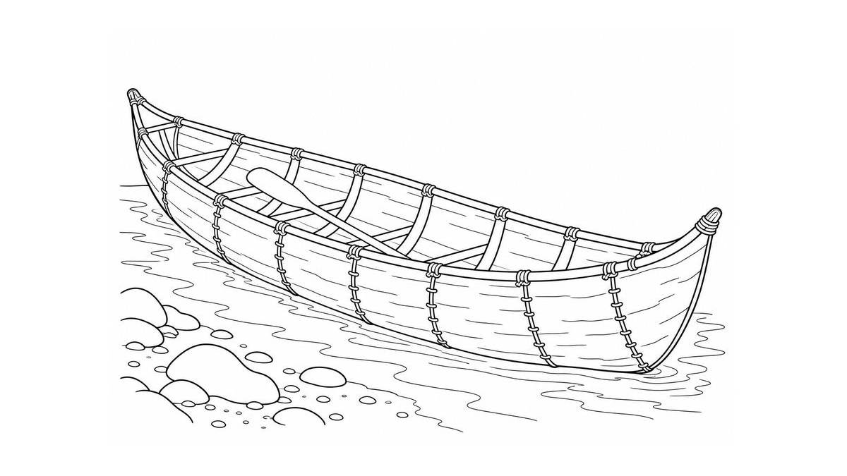 Canoa histórica de corteza con remo y estructura interior junto a una orilla patagónica