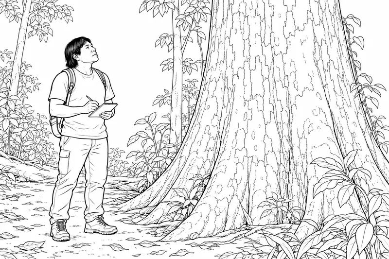 Persona con cuaderno junto a un árbol grande en una escena educativa de observación forestal