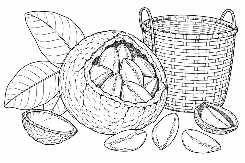 Fruto leñoso del castaño amazónico abierto con semillas y un cesto sencillo