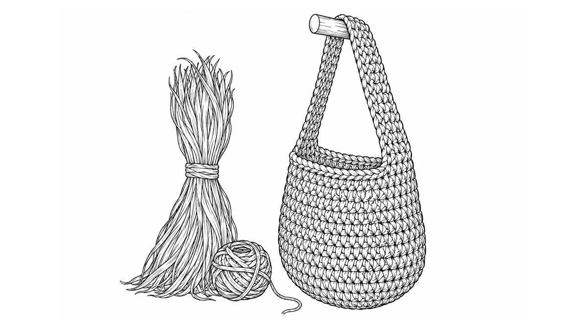 Mochila de fibra con fondo redondeado, correa larga, manojo de fibras y ovillo