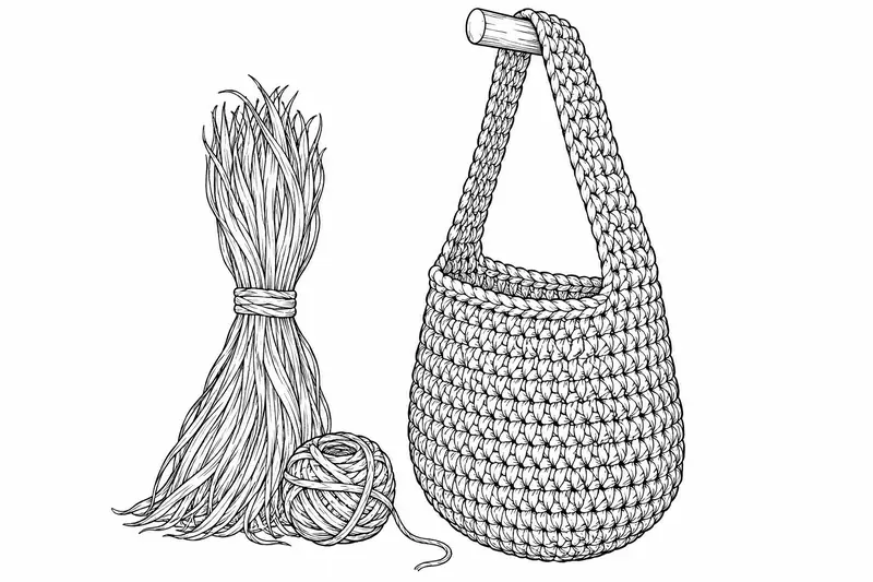 Mochila de fibra con fondo redondeado, correa larga, manojo de fibras y ovillo