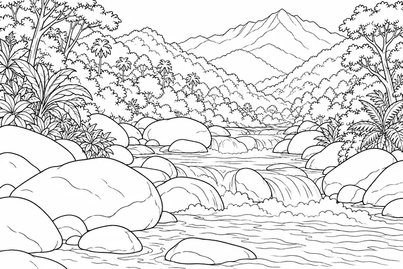 Río entre rocas y vegetación con montañas de la Sierra Nevada al fondo