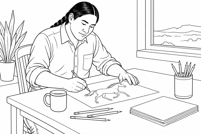 Artista lakota con ropa cotidiana dibujando un caballo en una mesa