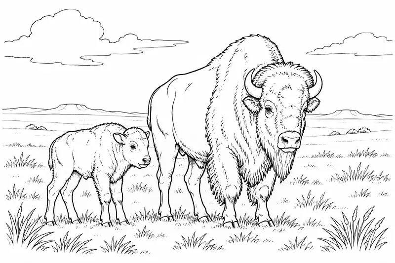 Bisonte adulto y cría sobre una pradera abierta