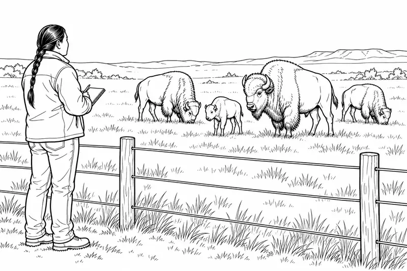 Persona con cuaderno observando bisontes desde una línea de cerca distante