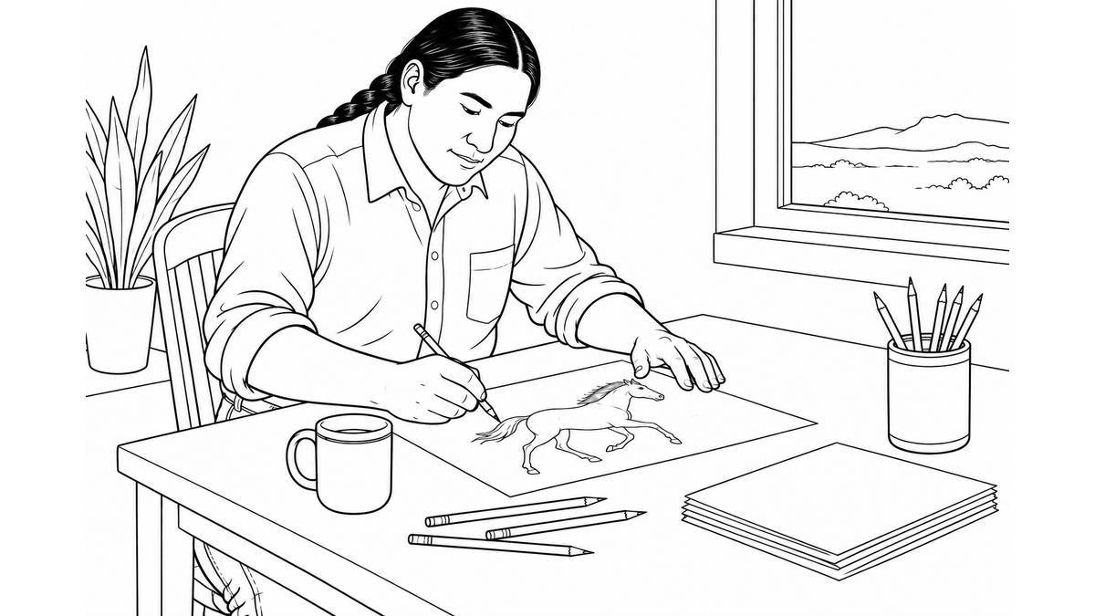 Artista lakota con ropa cotidiana dibujando un caballo en una mesa