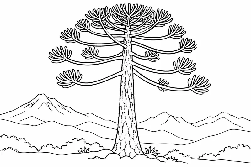 Araucaria con copa elevada y ramas escalonadas ante un relieve de montaña