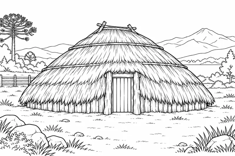 Interpretación de una ruka con cubierta vegetal y entrada frontal