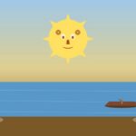 Marohu: el dios taíno del buen tiempo y la bonanza meteorológica Ilustración de Marohu como sol radiante sobre mar en calma con canoa y casabe secando