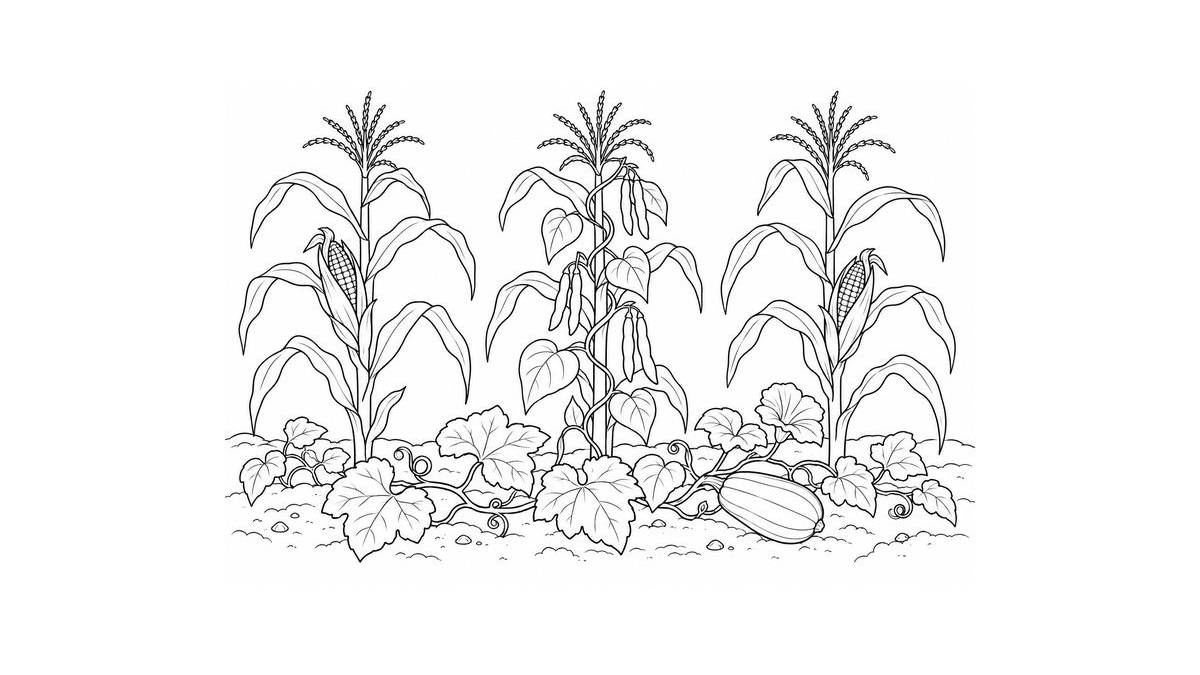 Plantas de maíz, frijol y calabaza reunidas en una pequeña milpa para colorear