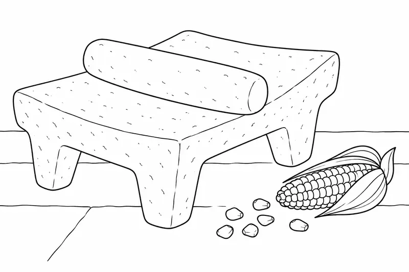 Metate de piedra con mano de molienda y una mazorca al lado para colorear