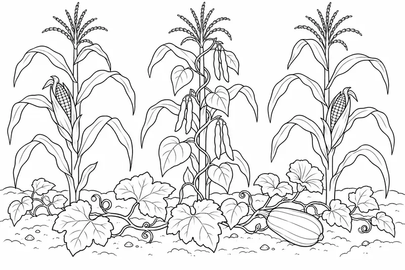 Plantas de maíz, frijol y calabaza reunidas en una pequeña milpa para colorear