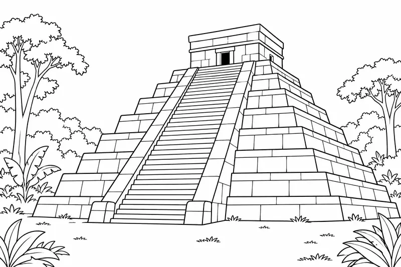 Pirámide escalonada de inspiración maya con escalinata central y templo en la parte superior