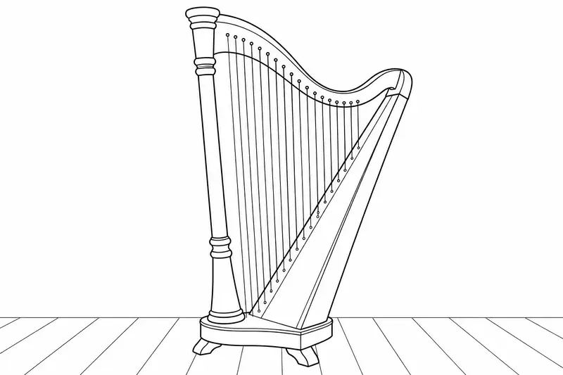 Arpa de madera con cuerdas y cuerpo sin decoración