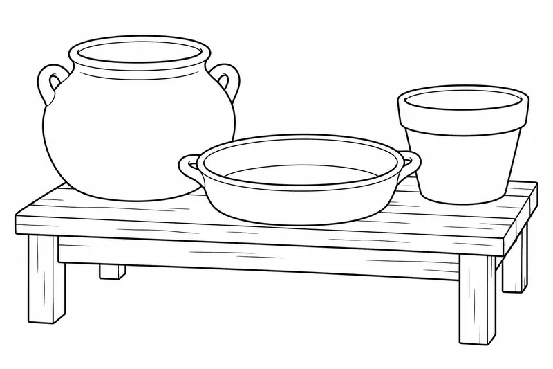 Tres recipientes de barro sobre una mesa baja de madera