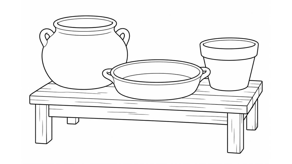Tres recipientes de barro sobre una mesa baja de madera