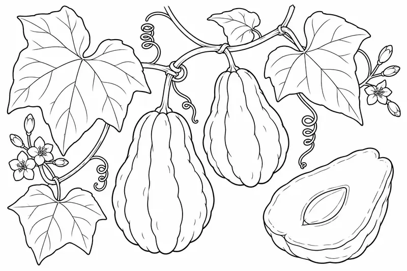 Guía de chayote con hojas, flores, zarcillos y frutos, junto a una mitad abierta