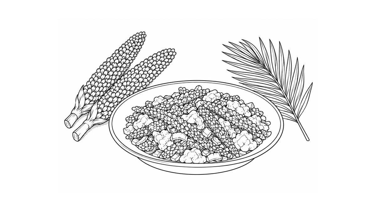 Plato con tepejilotes y huevo junto a dos inflorescencias y una hoja de palma