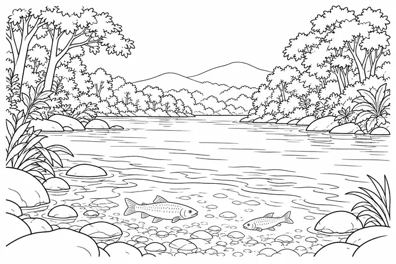 Paisaje de río con piedras y peces en primer plano, vegetación en las orillas y montañas al fondo
