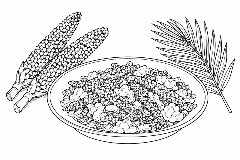 Plato con tepejilotes y huevo junto a dos inflorescencias y una hoja de palma