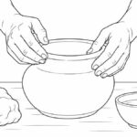 Dibujos de mixes para colorear Manos modelando el borde de una olla junto a barro y un cuenco