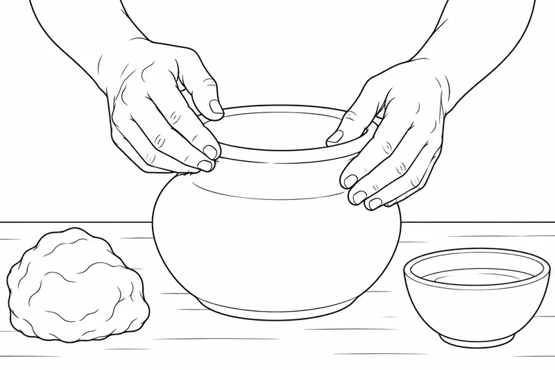 Manos modelando el borde de una olla junto a barro y un cuenco