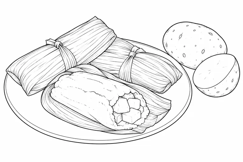 Tamales cerrados y uno abierto con papa sobre un plato