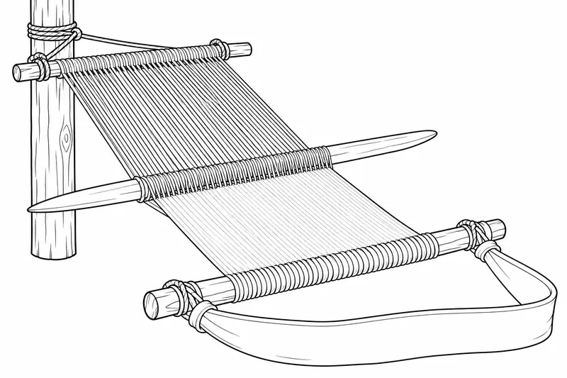 Telar simplificado con barras de madera, hilos paralelos y correa