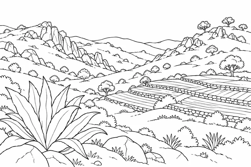 Laderas y campos escalonados entre montañas de la Mixteca con vegetación baja