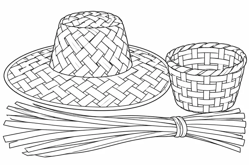 Sombrero, pequeño canasto y tiras de palma dispuestos juntos para colorear
