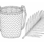 Dibujos mojeños para colorear: jasaye, estera, arcilla y algodón Cesto de carga de palma junto a una hoja de motacú