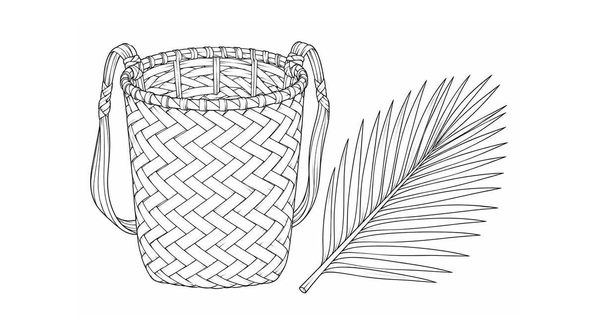 Cesto de carga de palma junto a una hoja de motacú