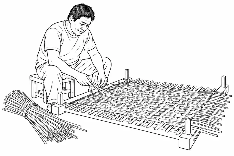 Persona adulta trabajando una estera rectangular con fibras vegetales