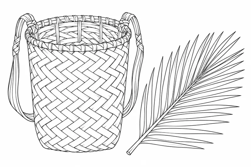 Cesto de carga de palma junto a una hoja de motacú