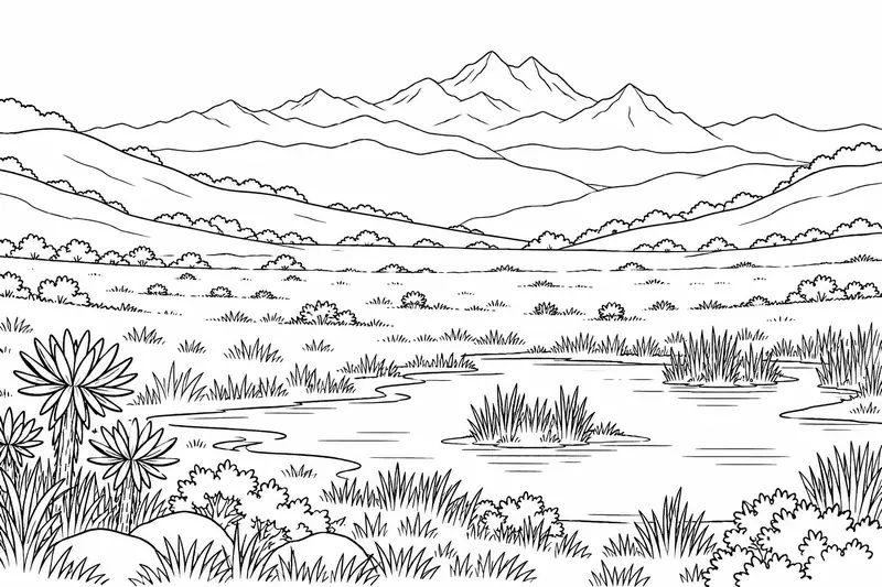 Llanura elevada con colinas, vegetación baja y una zona húmeda
