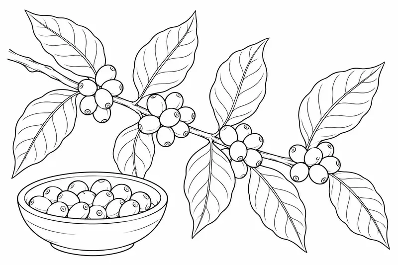 Rama de café con hojas, grupos de frutos y un cuenco con cerezas de café