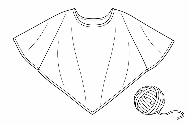 Quexquémitl de silueta triangular con abertura del cuello, pliegues amplios y ovillo