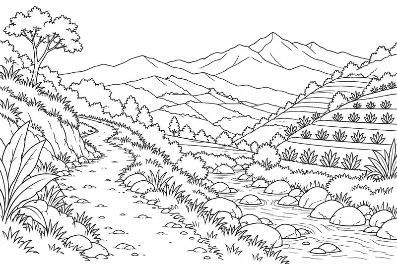 Paisaje de laderas y vegetación inspirado en las montañas del Cauca