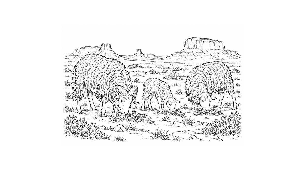 Ovejas Navajo-Churro con una cría en un paisaje de mesetas